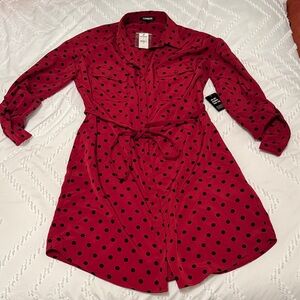 Express Red Polka Dot Long Sleeve Shirt Dress with Waist Tie